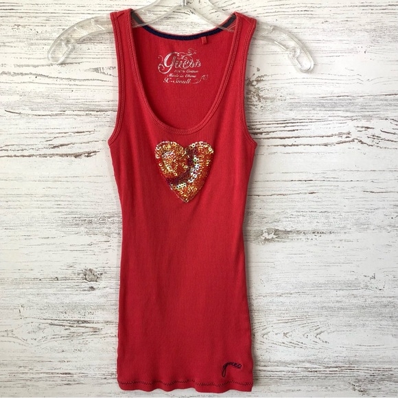*3/$20* GUESS Y2K Sequin Sparkle Heart Ribbed Fitted Tank S Red - Picture 1 of 5